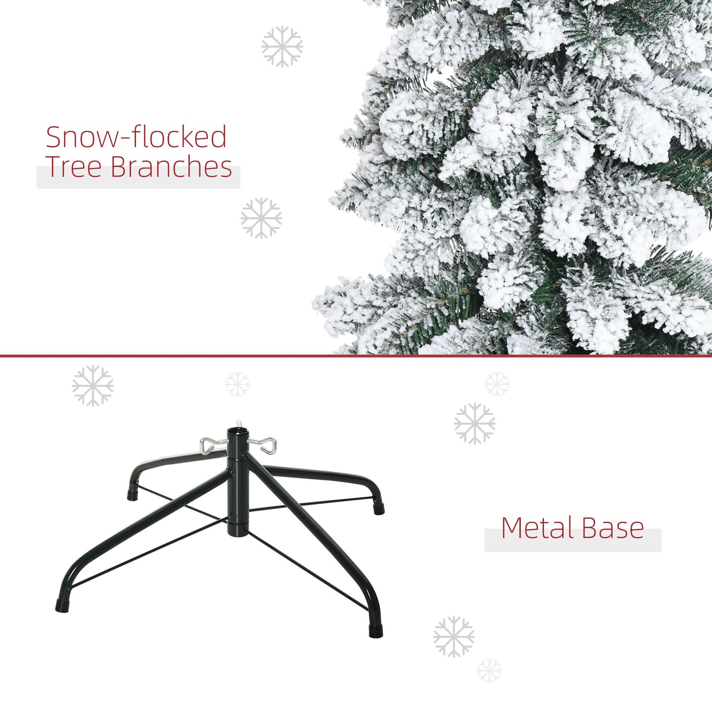 6 Ft Snow-Flocked Artificial Christmas Tree, Slim Pencil Xmas Tree With Realistic Branches, Metal Base, Green
