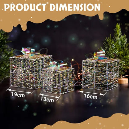 Lighted Iridescent Gift Boxes Set Of 3, Pre-lit Nestable Present Boxes Ornament With 140 LED Warm White Lights And Stakes For Christmas Outdoor Indoor Decor Lighted Holiday Displays