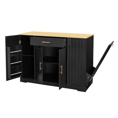 53 Inch Large Kitchen Island With Trash Can Storage Cabinet, Islands Table With Drawer And Adjustable Shelves, Breakfast Bar Cabinet For 13 Gallon Garbage Bin, Black & Oak