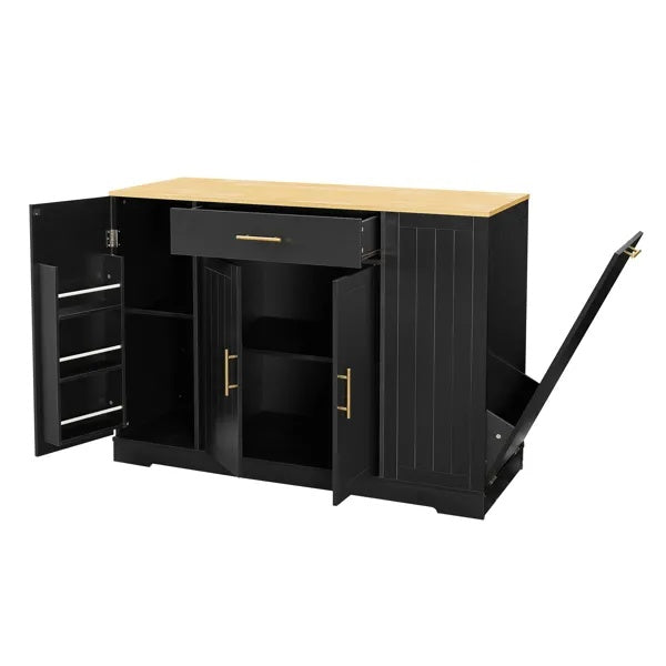 53 Inch Large Kitchen Island With Trash Can Storage Cabinet, Islands Table With Drawer And Adjustable Shelves, Breakfast Bar Cabinet For 13 Gallon Garbage Bin, Black & Oak