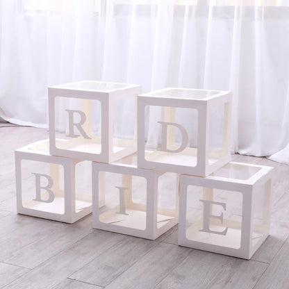 5 Pieces Wedding Balloon Boxes BRIDE Letters White Clear Balloon Blocks Box Party Decorations Balloons Boxes For Engagement Bride Shower Weddings Centerpieces Photo Booth Props, No Balloons
