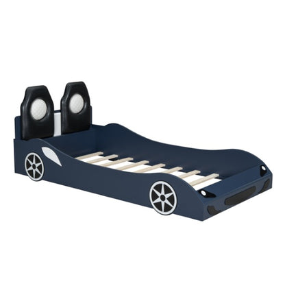 Wood Twin Size Race Car-Shaped Platform Bed With LED And Upholstered Backrest, Blue