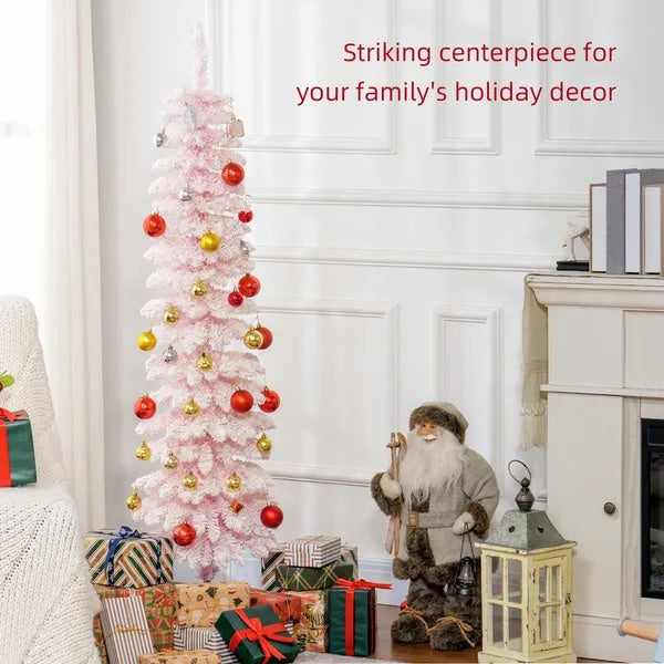 5ft Snow-Flocked Artificial Christmas Tree, Slim Pencil Xmas Tree With 301 Realistic Branches, Metal Base,