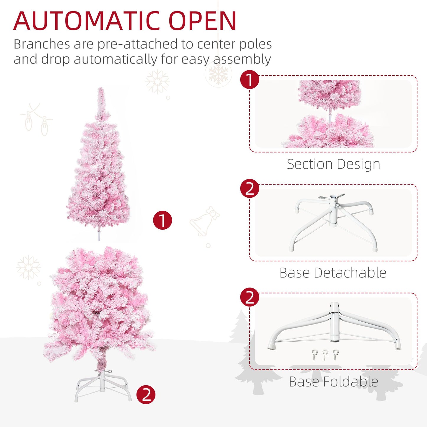 5 FT Snow Flocked Artificial Christmas Tree, Pencil Xmas Tree With Realistic Branches, Auto Open And Steel Base, Pink