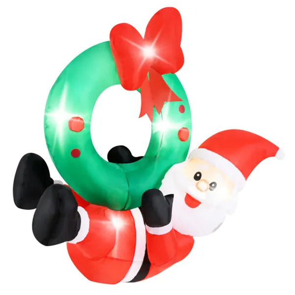 4ft Inflatable Santa Wreath Christmas Decor: 5 LED Lights (3 On Wreath/2 On Santa), IP44 Waterproof Polyester, 2 Hanging Ropes