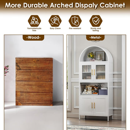 73 In Tall Metal Arched Cabinet, Kitchen Pantry Cabinet With Glass Door, Modern Farmhouse Arched Bookcase With 2 Adjustable Shelves For Living Room, White, Assembly Required