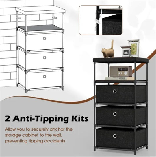 3-Drawer Fabric Storage Cabinet - Removable Foldable Drawers, Industrial Wood Top, Metal Frame With Anti-Tipping Kits
