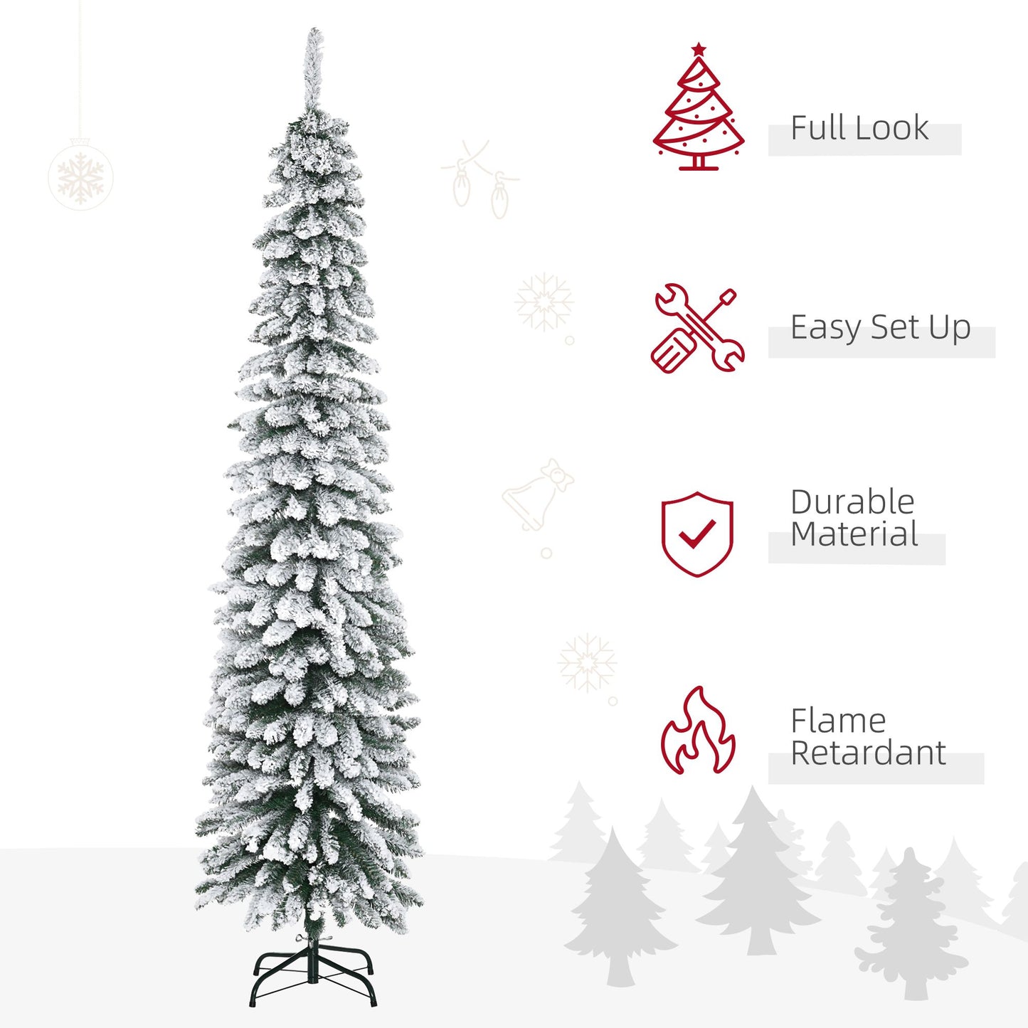 7ft Snow-Flocked Artificial Christmas Tree, Slim Pencil Xmas Tree With 490 Realistic Branches, Metal Base, Green