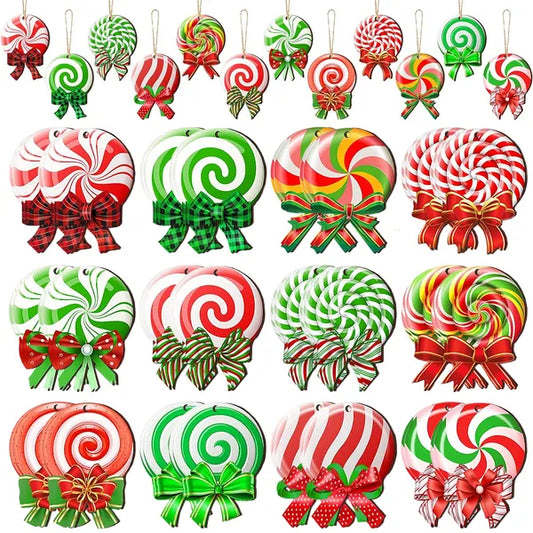 24PCS Christmas Candy Ornament With Ropes Colorful Candy Round Lollipop Wooden Pendant Xmas Hanging Decoration For Christmas Indoor Outdoor Home Yard Party Porch Decor
