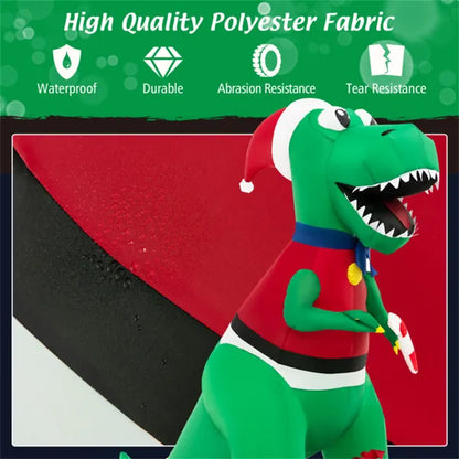 6FT Inflatable Christmas Dinosaur: Santa Hat/Vest + Gift Boxes, Bright LED Lights, Waterproof Polyester, 2 Ropes + 4 Stakes, 10ft Cord, 1.8lbs