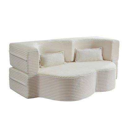 Modern Floor Sofa With 2 Pillows,Convertible Plush Corduroy Sleeper Sofa Bed,Full Size Folding Mattress For Living Room,Guest Bed,no Assembly Required,Beige
