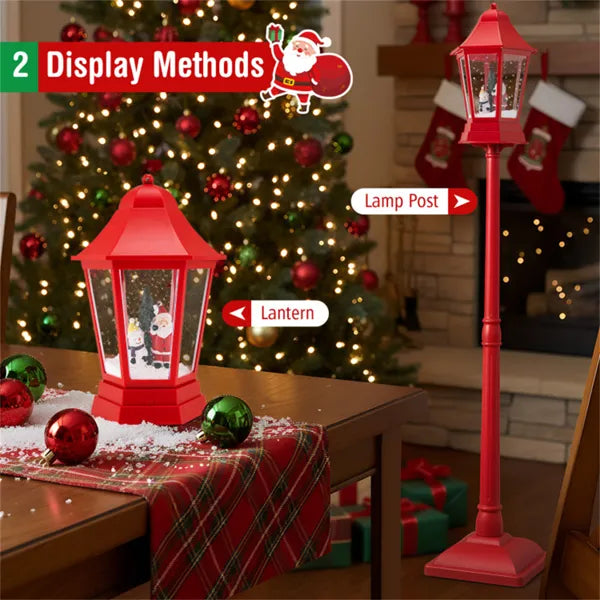 64" Christmas Streetlamp Decor: Santa/Snowman/Tree Scene, 60 Warm White LEDs, 8 Tunes, 2 Modes (Stand/Tabletop), Red, 12.5×12.5×64", 4.5lbs