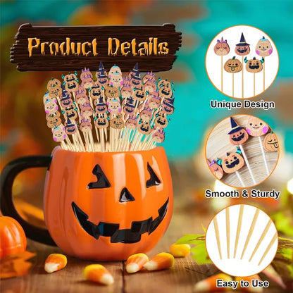 Halloween Pumpkin Cocktail Picks 5 Inch Bamboo Fancy Toothpicks For Appetizers, Decorative Fall Halloween Thanksgiving Party Food Drinks Garnish Fruit Skewer Sticks Multi-item Party Favor Pack