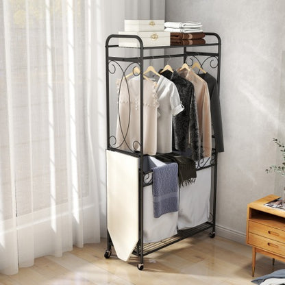 Multi-Functional Laundry Hamper Organizer With Hanging Rail And Storage Shelf Rolling Laundry Cart With Wheels