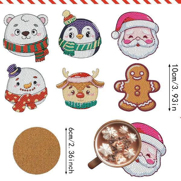 6 Packs Christmas Rhinestones Art Coasters With Holder Snowman Gingerbread Man Penguin Santa Claus Pattern Gift Non Slip Acrylic Cup Coaster 5D DIY Full Drill Rhinestones Dots Art