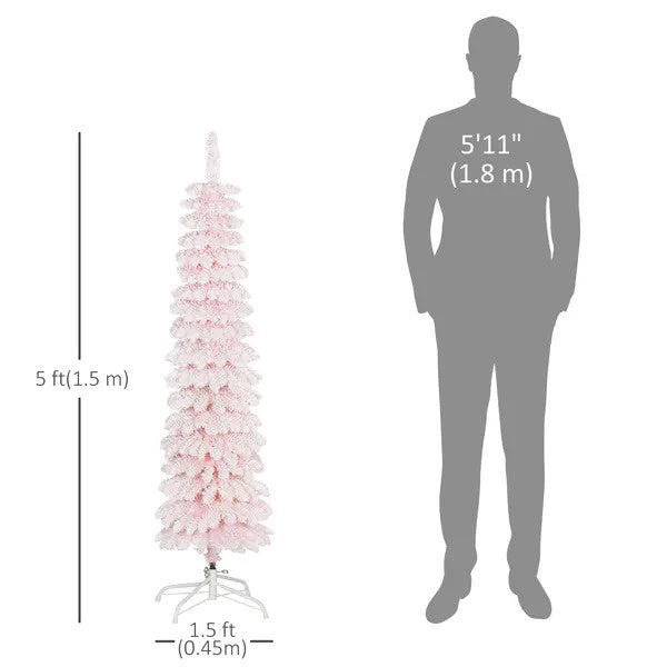 5ft Snow-Flocked Artificial Christmas Tree, Slim Pencil Xmas Tree With 301 Realistic Branches, Metal Base,
