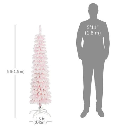 5ft Snow-Flocked Artificial Christmas Tree, Slim Pencil Xmas Tree With 301 Realistic Branches, Metal Base,