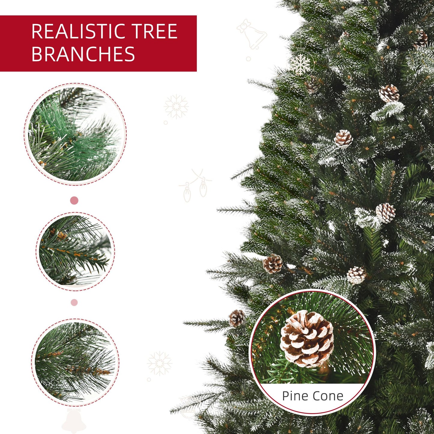 HOMCM 7FT Artificial Christmas Snow Pine Tree Holiday Home Xmas Decoration With Automatic Open, Pinecone, Green