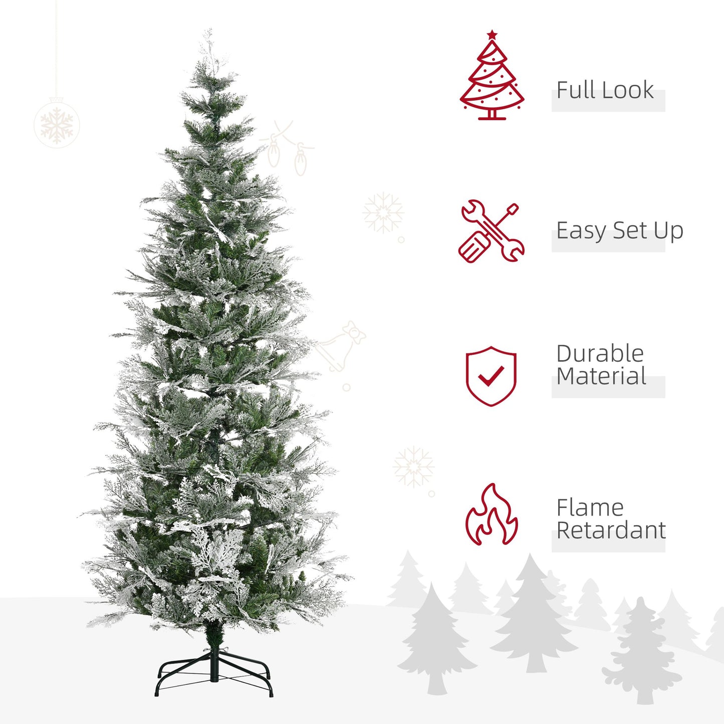 7.5 Feet Pencil Snow Flocked Artificial Christmas Tree With 880 Realistic Cypress Branches, Auto Open, Green