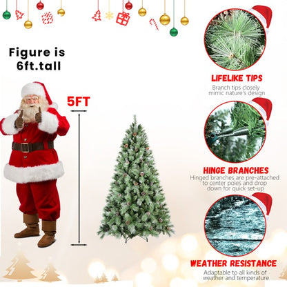 Artificial 5ft Green Christmas Tree With 694PVC Hard Needle Mixed Branch Tips,Pine Cone,Hinged Premium  Foldable Base For Indoor Holiday Decorating