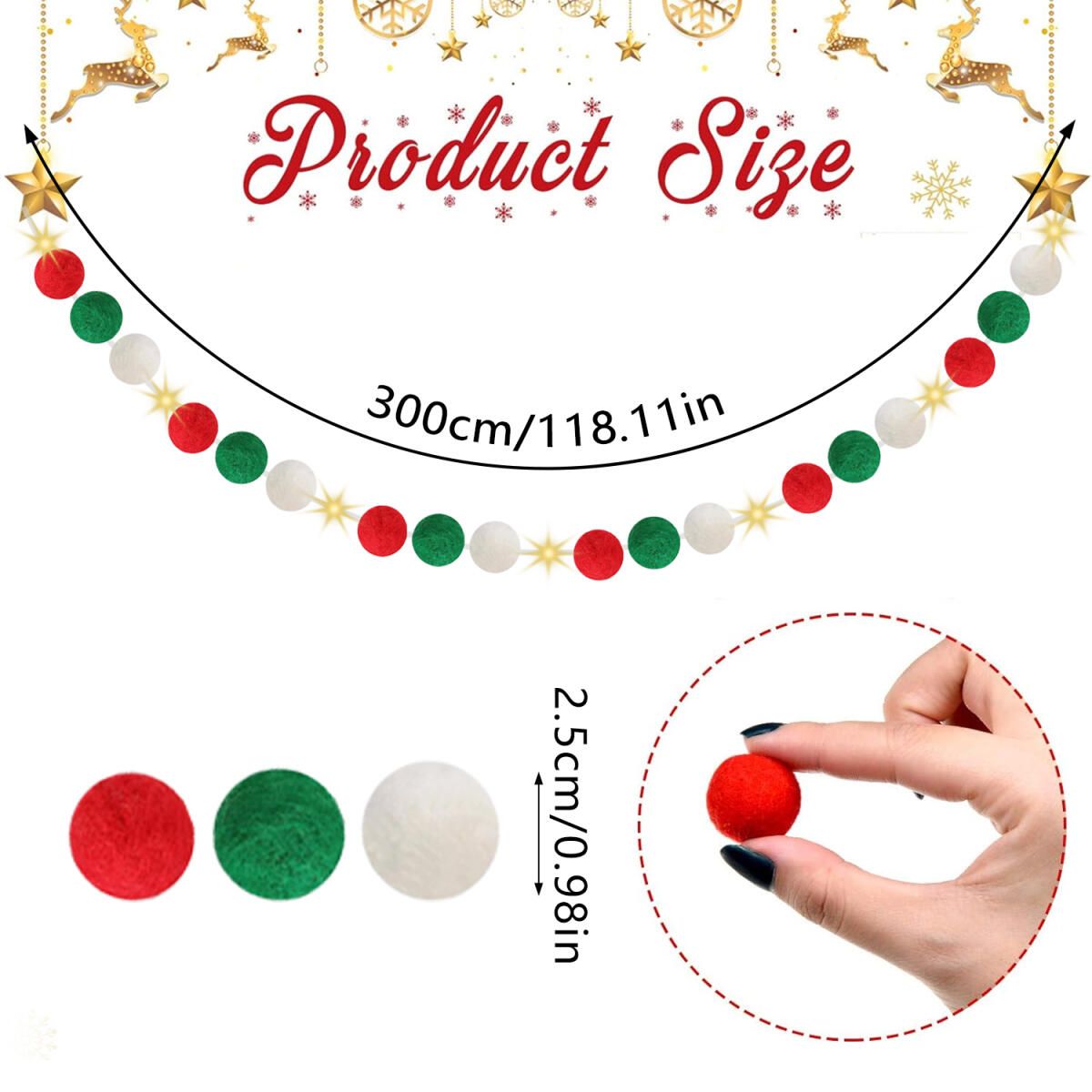 9.84 Ft Felt Ball Garland With Warm Light String Christmas Pom Pom Garland Red Green White 1 Inch Pompoms DIY Unique Hanging Bunting Banner For Xmas Tree Fireplace Wall Home Decor
