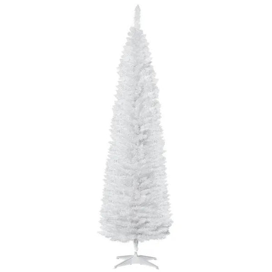 7' Pencil Christmas Tree, Slim Artificial Xmas Tree With Realistic Branches, Sturdy Metal Stand, White