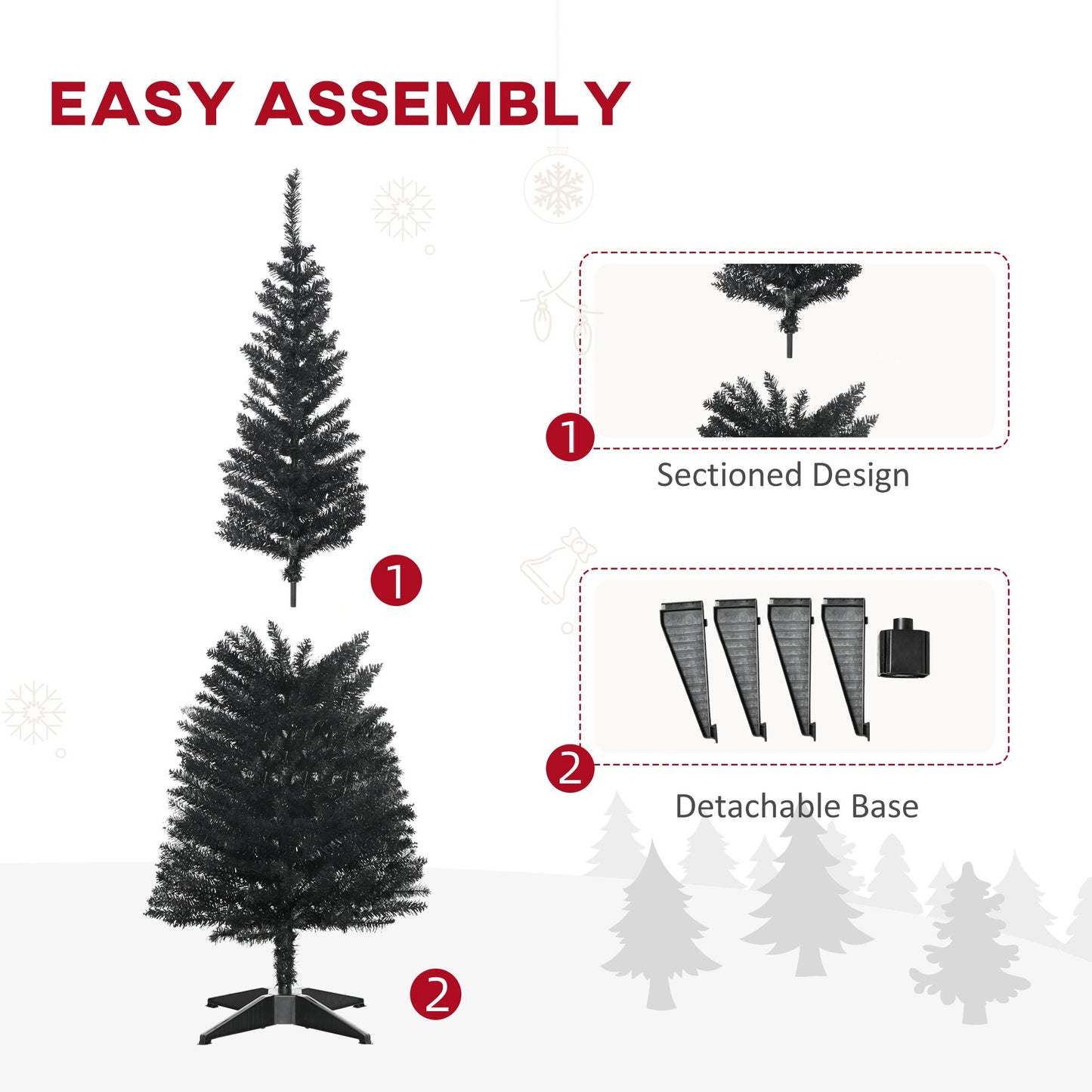 5FT Artificial Christmas Tree, Pencil Christmas Tree With Realistic Branches, Stable Stand, Black