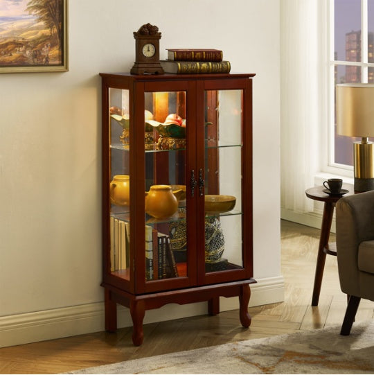 Curio Cabinet Lighted Curio Diapaly Cabinet With Adjustable Shelves And Mirrored Back Panel, Tempered Glass Doors