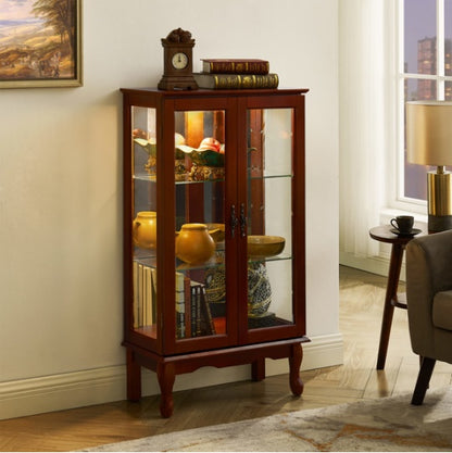 Curio Cabinet Lighted Curio Diapaly Cabinet With Adjustable Shelves And Mirrored Back Panel, Tempered Glass Doors