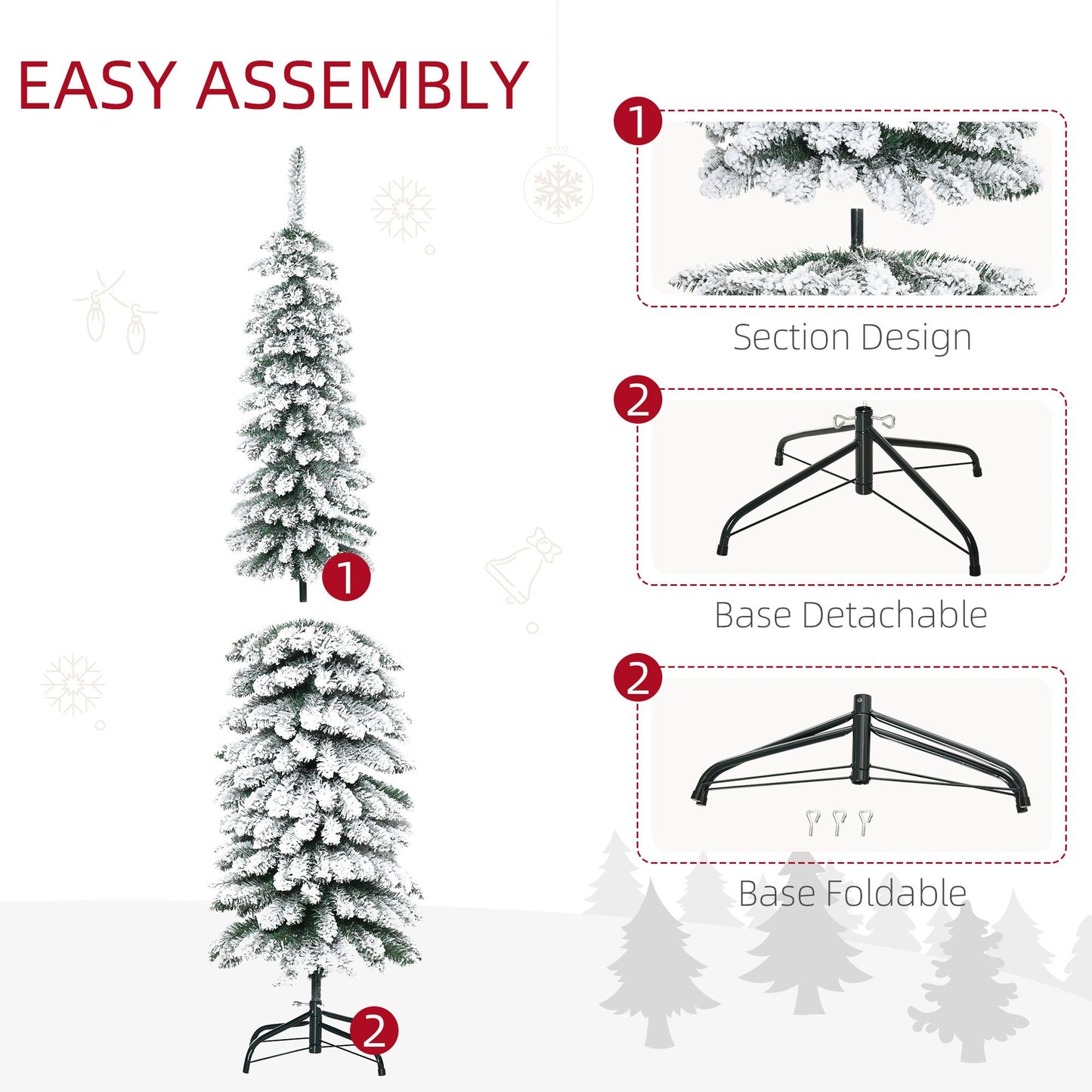6 Ft Snow-Flocked Artificial Christmas Tree, Slim Pencil Xmas Tree With Realistic Branches, Metal Base, Green