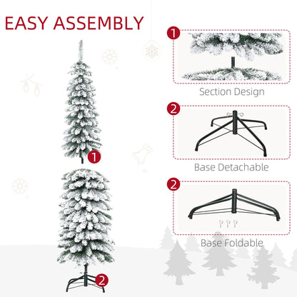 6 Ft Snow-Flocked Artificial Christmas Tree, Slim Pencil Xmas Tree With Realistic Branches, Metal Base, Green