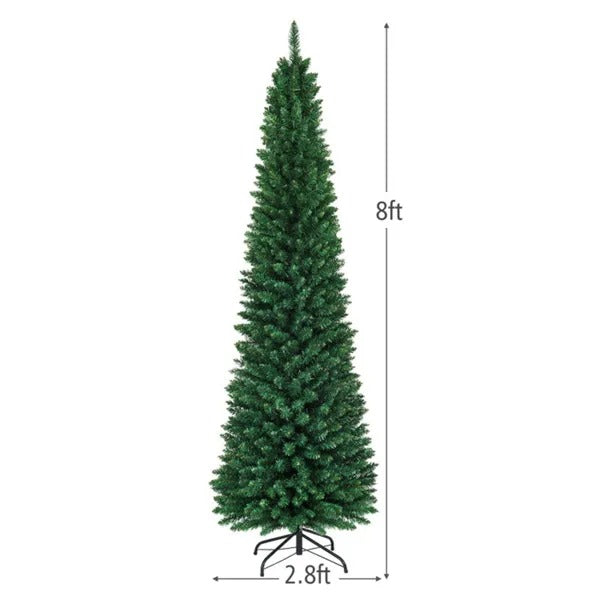 8ft Slim Pencil Christmas Tree - Space-Saving Design For Small Corners, 1000 Realistic PVC Branches With Flocked Finish