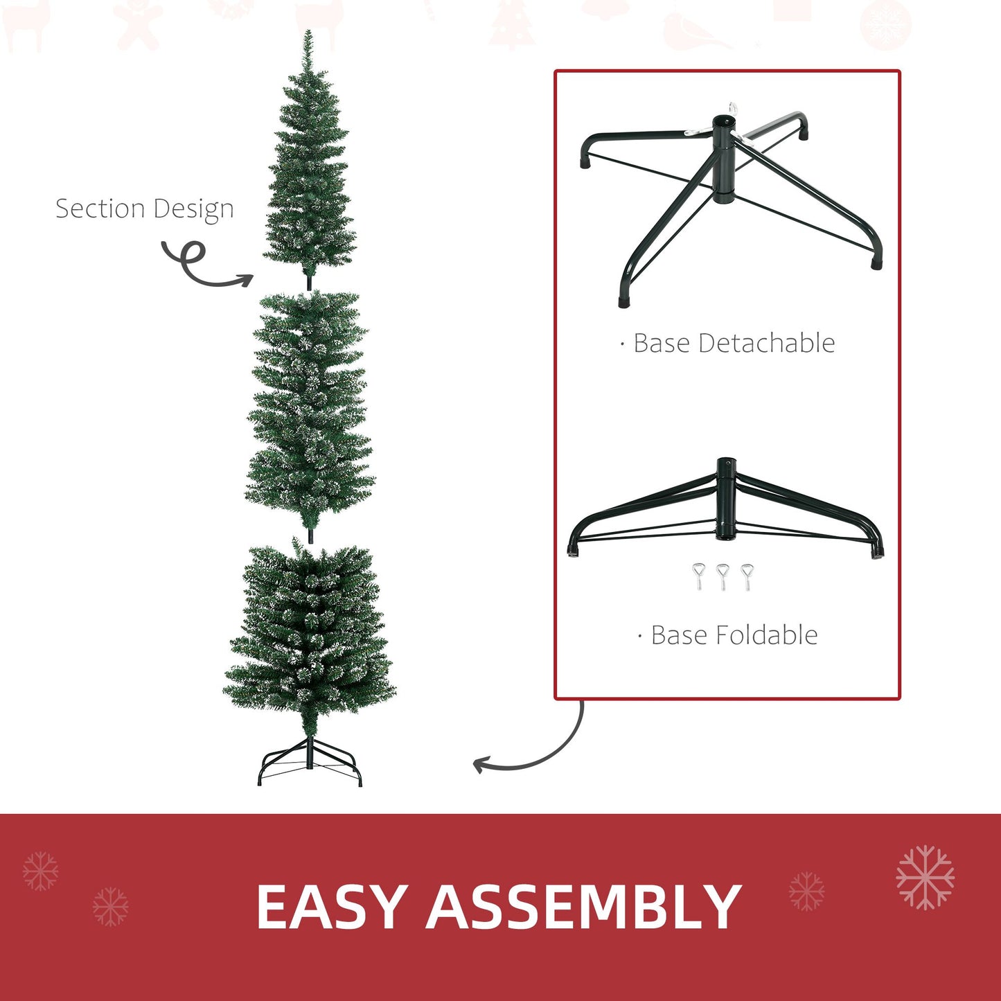 7.5FT Artificial Snow Dipped Christmas Tree Xmas Pencil Tree Holiday Home Indoor Decoration With Foldable Black Stand, Green