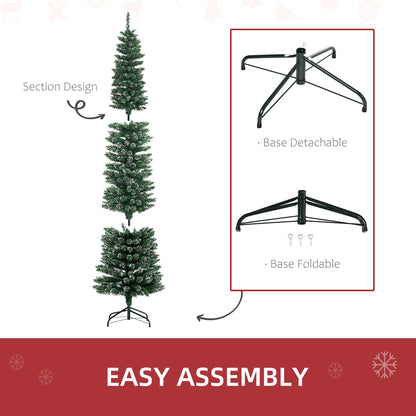 7.5FT Artificial Snow Dipped Christmas Tree Xmas Pencil Tree Holiday Home Indoor Decoration With Foldable Black Stand, Green
