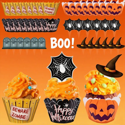 48 Pcs Halloween Cupcake Toppers Wrappers Spider Web Pumpkin Zombie Disposable Artistic Bake Paper Cups For Halloween Theme Party Kitchen Cupcake Baking Supplies
