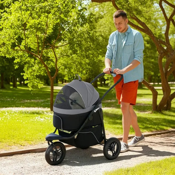 3 In 1 Pet Jogging Stroller For Small Dogs And Cats With Detachable Carrier, Storage Basket, Gray