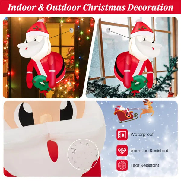 3.3FT Inflatable Window Santa & Wreath: 2 Internal LED Lights, 3 Suction Cups + 1 Rope, 45s Inflation