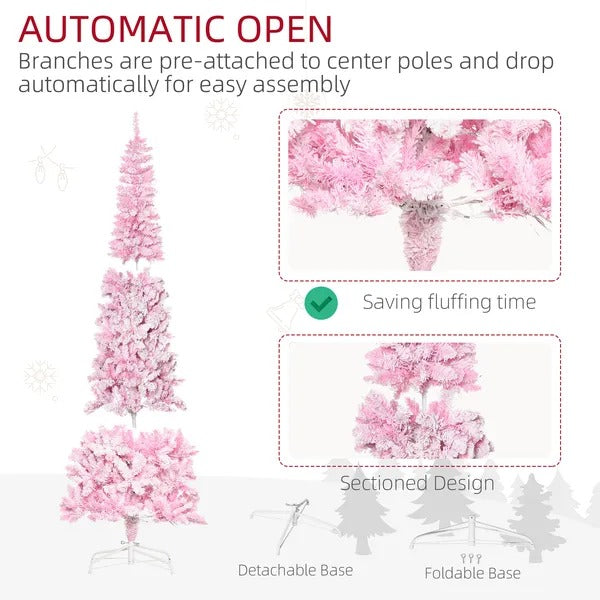 7.5 Foot Prelit Snow Flocked Artificial Christmas Tree With Pencil Shape, 700 Pine Realistic Branches, Warm White LED Lights, Auto Open, Pink And White