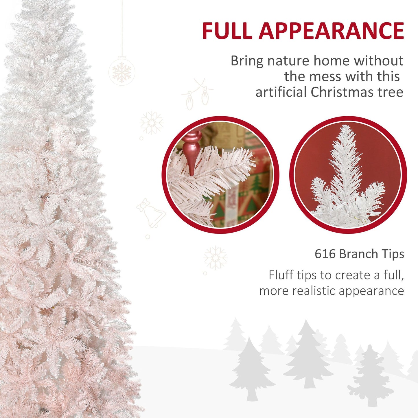 7ft Pencil Artificial Christmas Tree With Pine Realistic Branches, Auto Open, Pink And White
