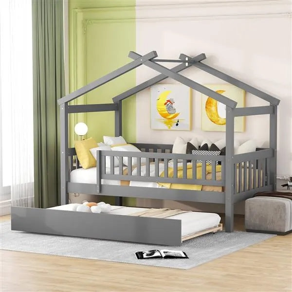 Twin Size Wooden House Bed With Twin Size Trundle
