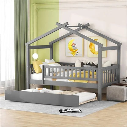 Twin Size Wooden House Bed With Twin Size Trundle