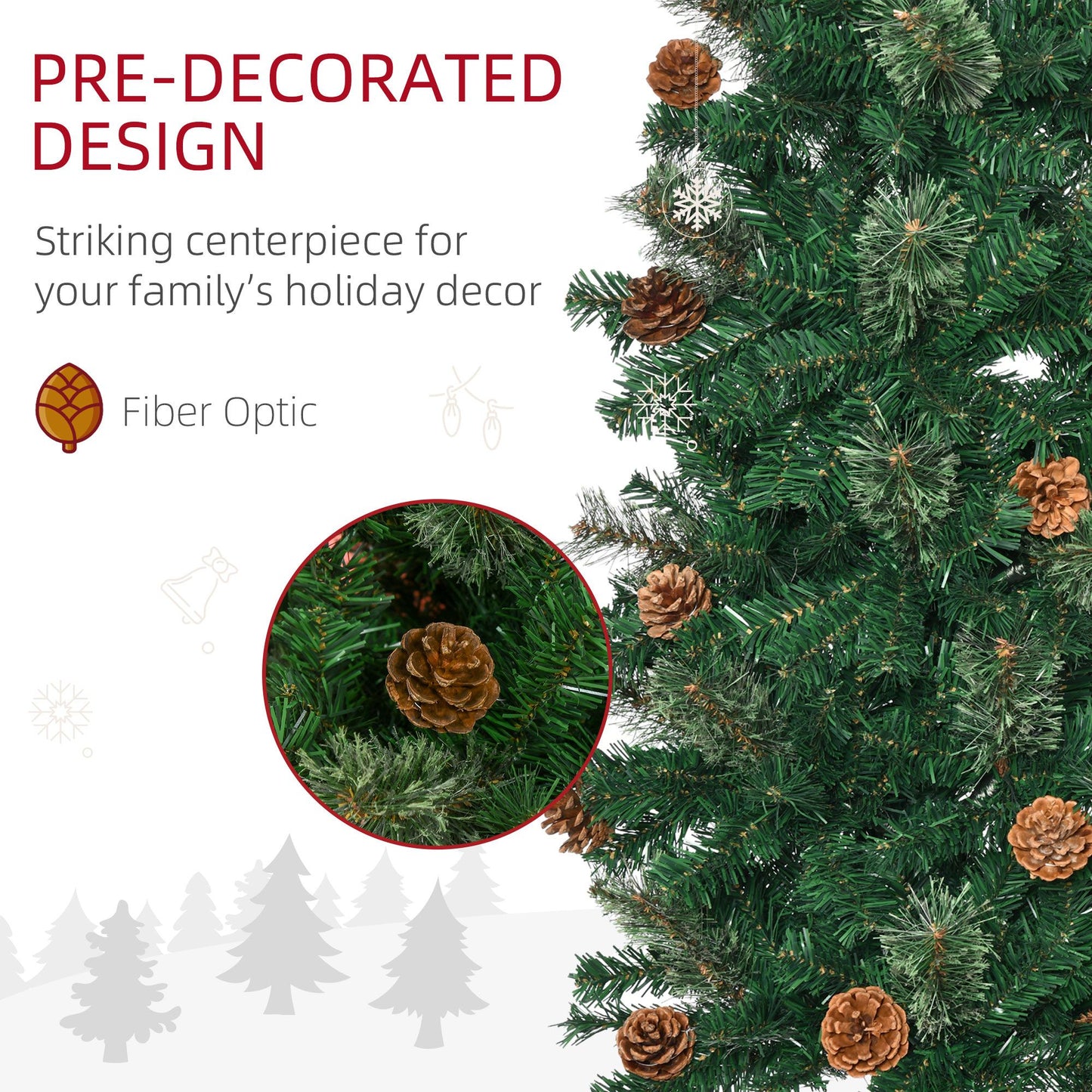 7.5ft Pencil Christmas Tree, Artificial Christmas With Pine Needles, Realistic Branches, Pine Cones, Metal Base, Green