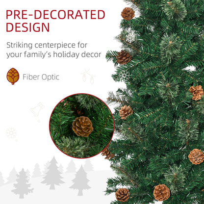 7.5ft Pencil Christmas Tree, Artificial Christmas With Pine Needles, Realistic Branches, Pine Cones, Metal Base, Green