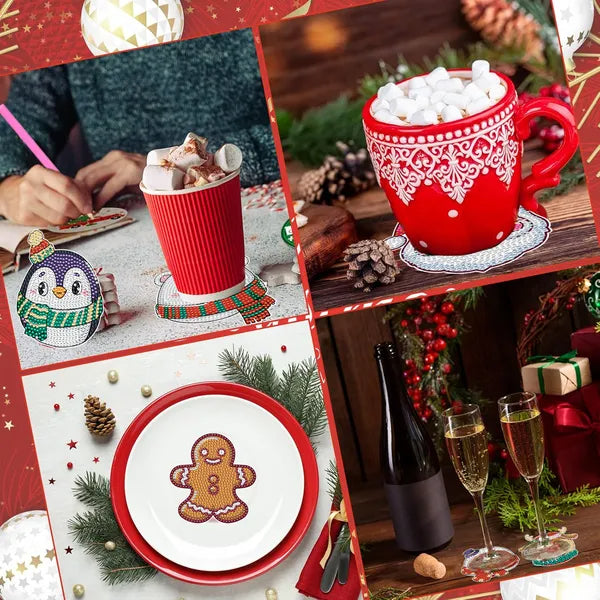 6 Packs Christmas Rhinestones Art Coasters With Holder Snowman Gingerbread Man Penguin Santa Claus Pattern Gift Non Slip Acrylic Cup Coaster 5D DIY Full Drill Rhinestones Dots Art