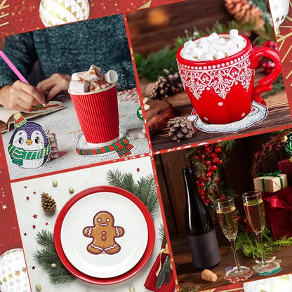 6 Packs Christmas Rhinestones Art Coasters With Holder Snowman Gingerbread Man Penguin Santa Claus Pattern Gift Non Slip Acrylic Cup Coaster 5D DIY Full Drill Rhinestones Dots Art