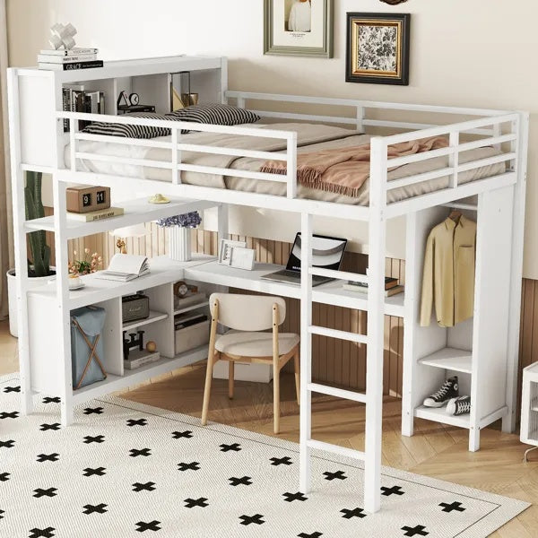 Metal Loft Bed With Wardrobe And L-shaped Desk, Full Size Loft Bed With Storage Cubes And Shelves, Heavy Duty Loft Bed For Kids Teens Adults, White