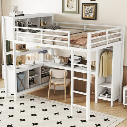 Metal Loft Bed With Wardrobe And L-shaped Desk, Full Size Loft Bed With Storage Cubes And Shelves, Heavy Duty Loft Bed For Kids Teens Adults, White