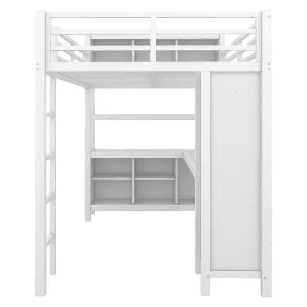 Metal Loft Bed With Wardrobe And L-shaped Desk, Full Size Loft Bed With Storage Cubes And Shelves, Heavy Duty Loft Bed For Kids Teens Adults, White