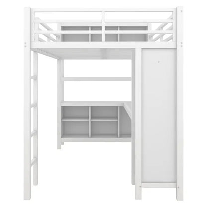 Metal Loft Bed With Wardrobe And L-shaped Desk, Full Size Loft Bed With Storage Cubes And Shelves, Heavy Duty Loft Bed For Kids Teens Adults, White