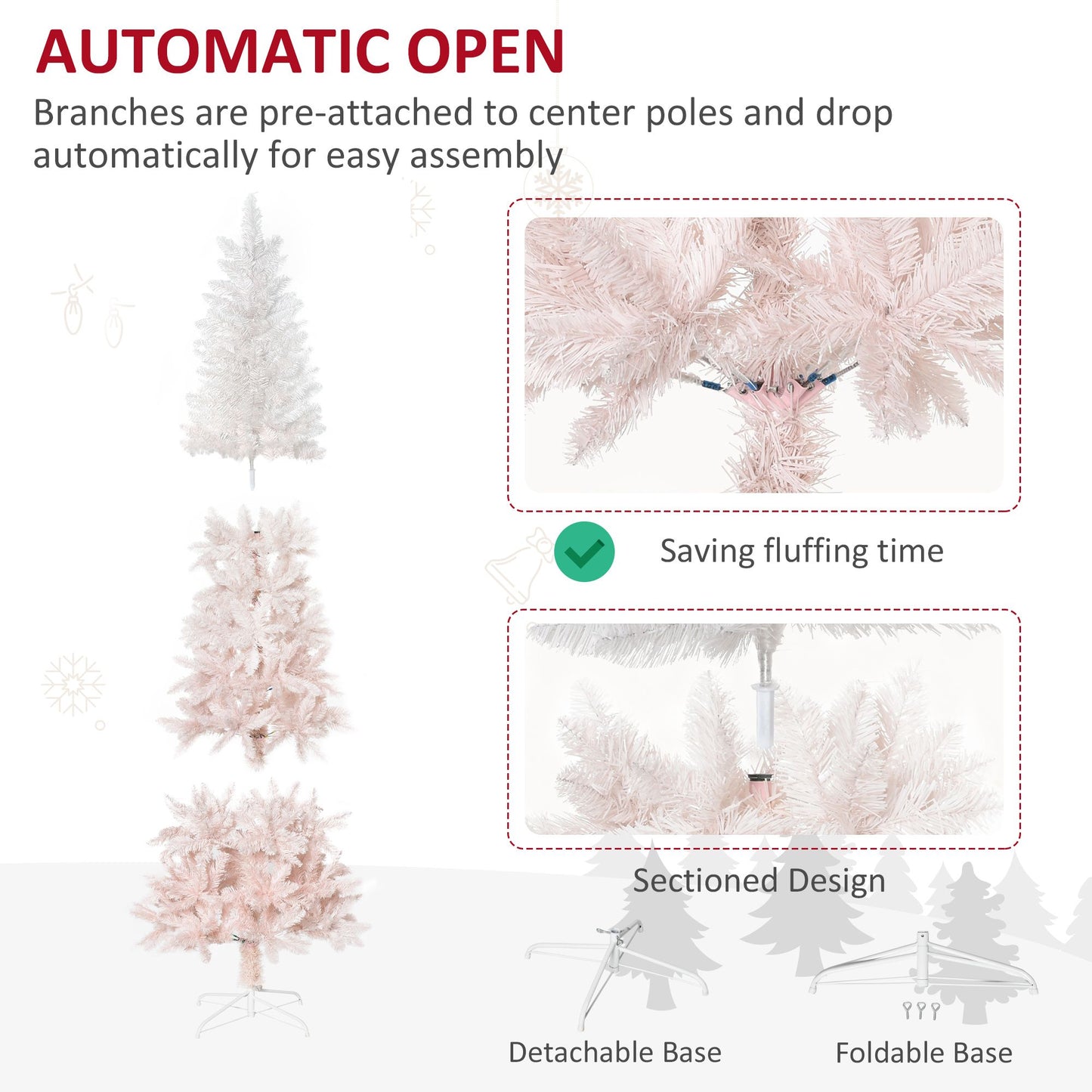7ft Pencil Artificial Christmas Tree With Pine Realistic Branches, Auto Open, Pink And White